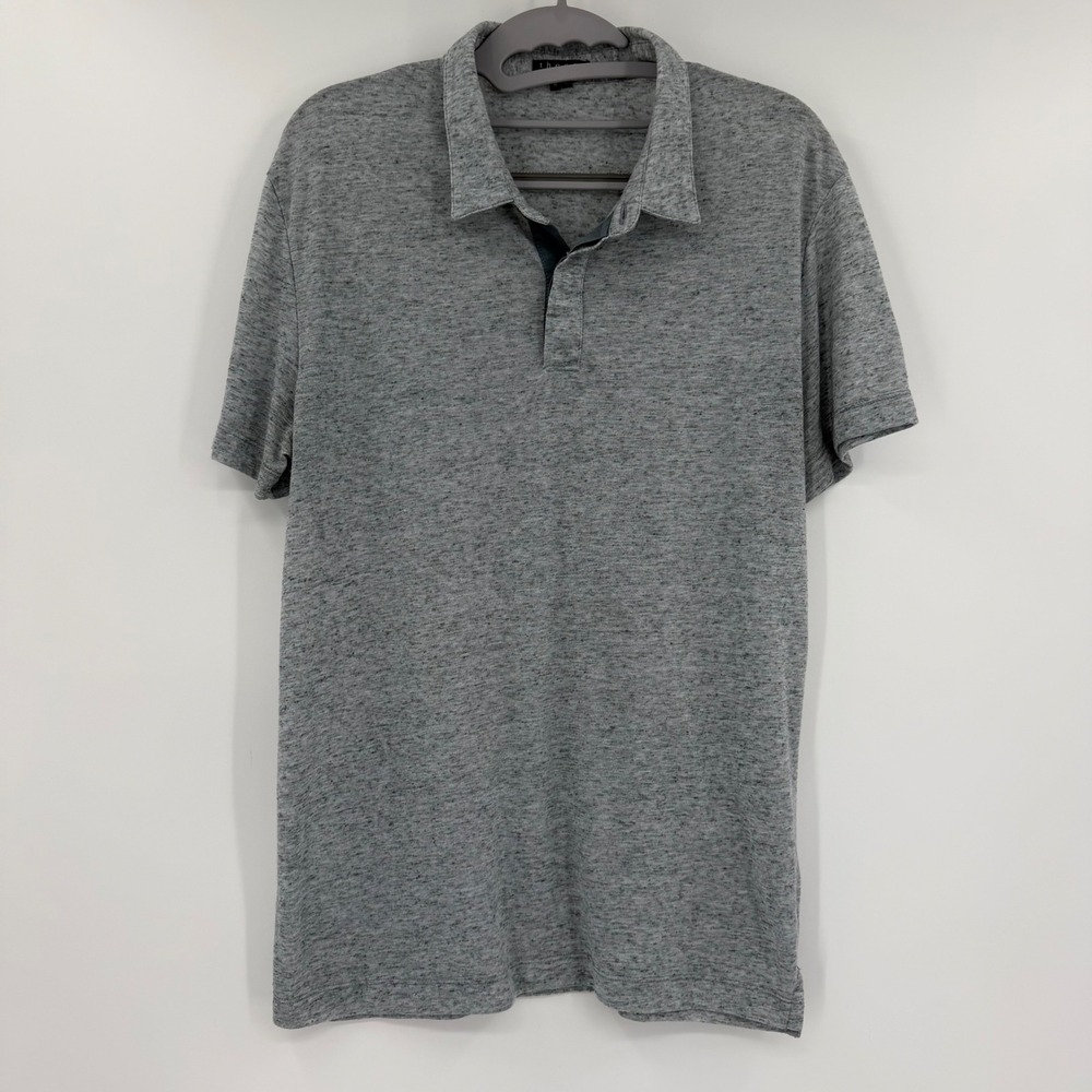 Theory Eren Grey Space Dye Heathered Linen Blend Polo Shirt F0295502 Mens M